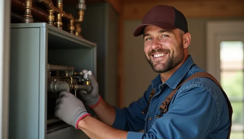 Smiling technician performing maintenance on a furnace, highlighting the importance of professional upkeep for efficient heating systems.