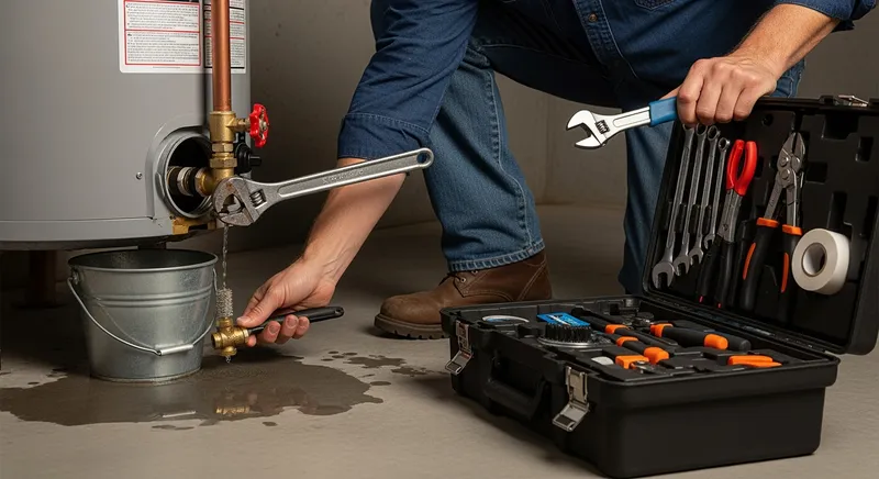 plumber-inspecting-a-leaking-water-heater-plumbing-service