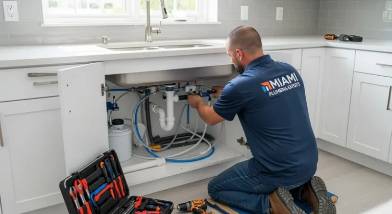 an image of a professional plumber repairing a burst pipe in a Miami-Dade kitchen, emphasizing emergency plumbing services