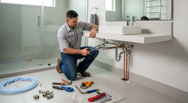 an image of a professional plumber repairing a burst pipe in a Miami-Dade kitchen, emphasizing emergency plumbing services