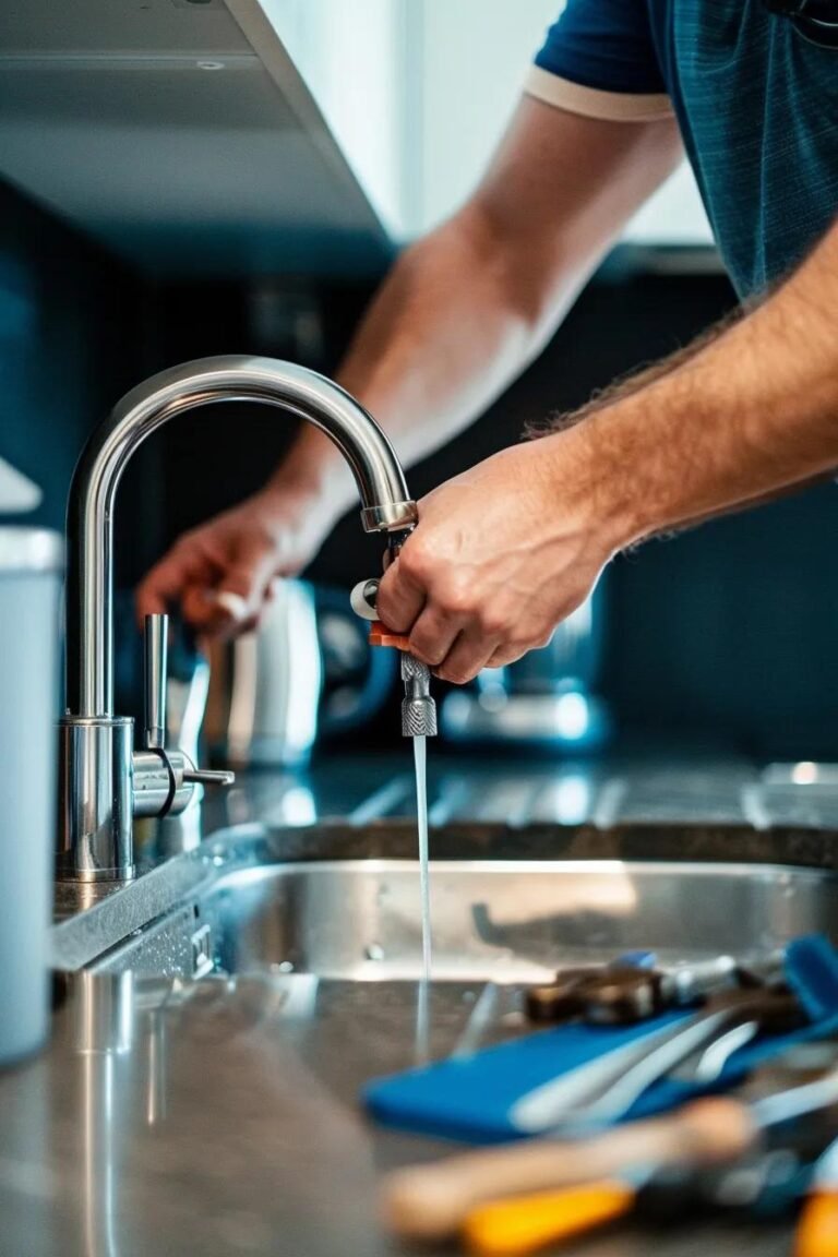 Homeowner fixing a leaky faucet in a modern kitchen with tools on the countertop