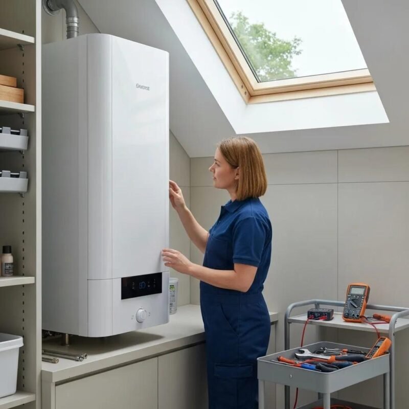 Modern water heater maintenance in a utility room with a technician and tools