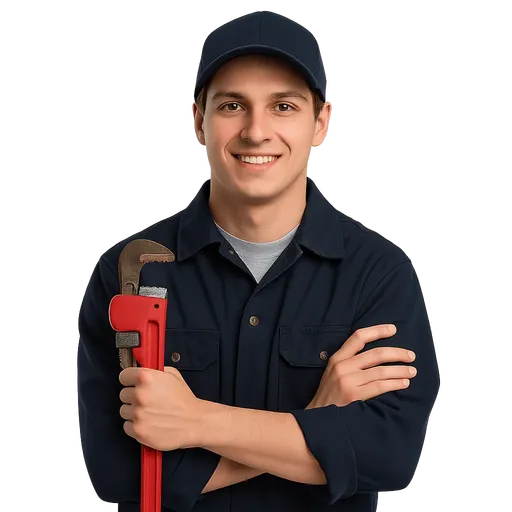 Plumber holding a red adjustable wrench, smiling, representing expert plumbing services for residential and commercial customers in Miami-Dade County, FL