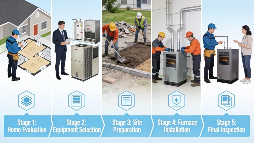 Five sequential stages define proper furnace installation: evaluating the home, selecting equipment, preparing the site