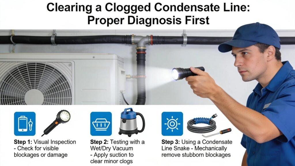 Clearing a clogged condensate line starts with a proper diagnosis, not guesswork. A technician performing