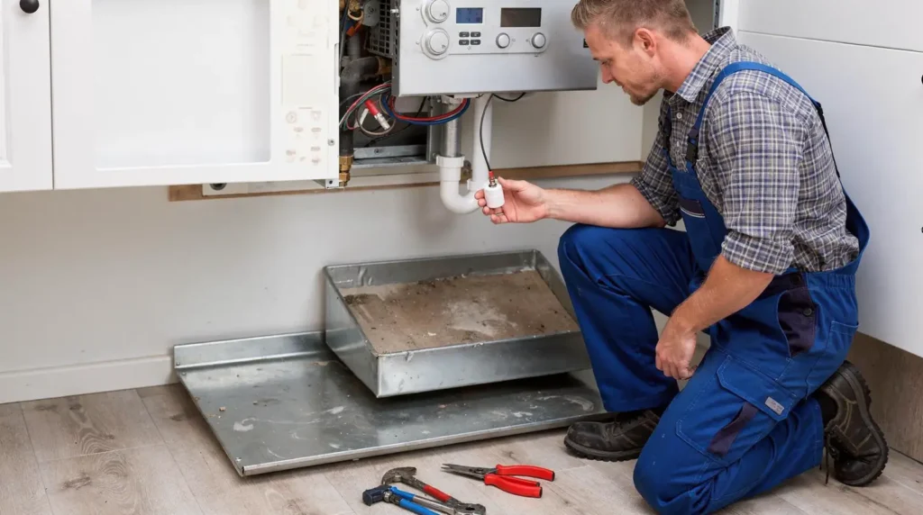 Routine maintenance stops a condensate leak from coming back. A clean drain line, a working